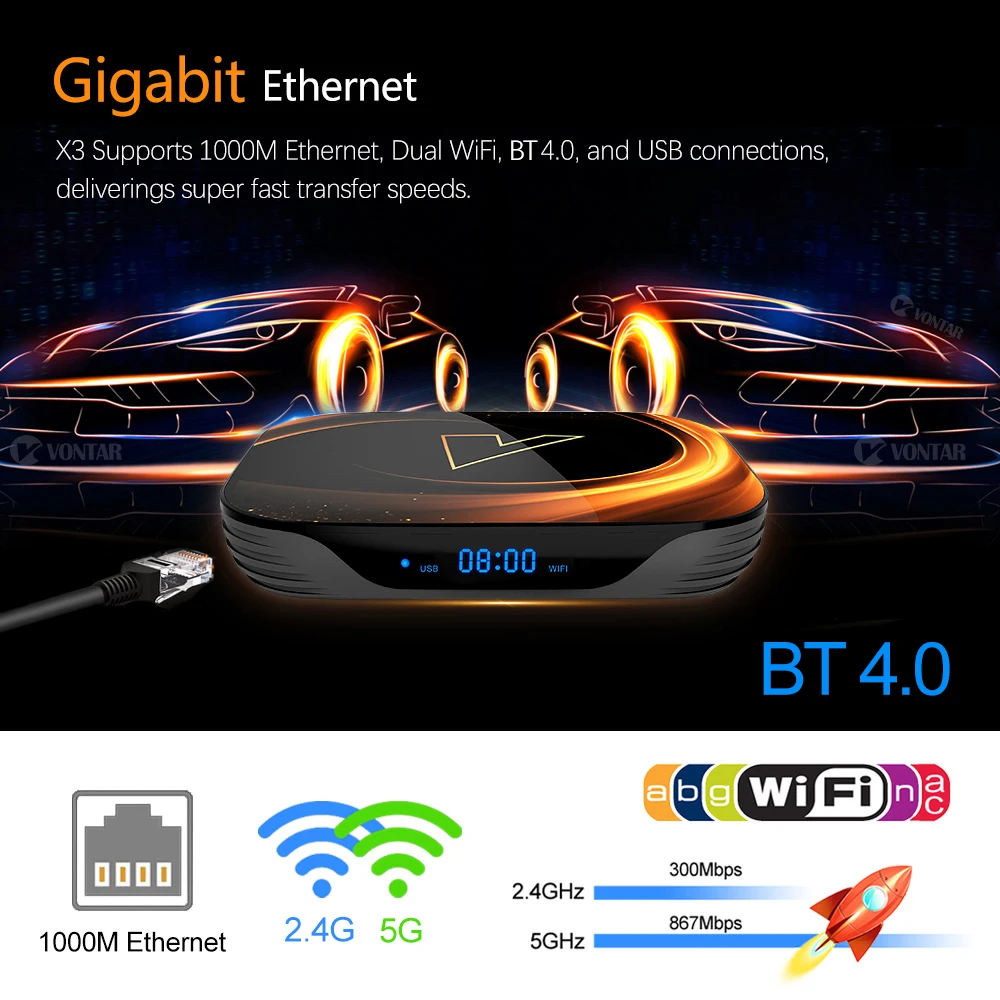 Приставка Смарт ТВ Vontar X3 8K Android 9 0 Amlogic S905X3 Max 4 + 128 ГБ 1000 м Wi Fi|ТВ-приставки и