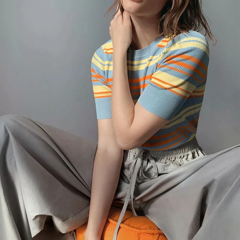 2020 new summer women o-neck Striped Short sleeve thin sweater knitted top slim fit casual pullover female woman clothes | Женская