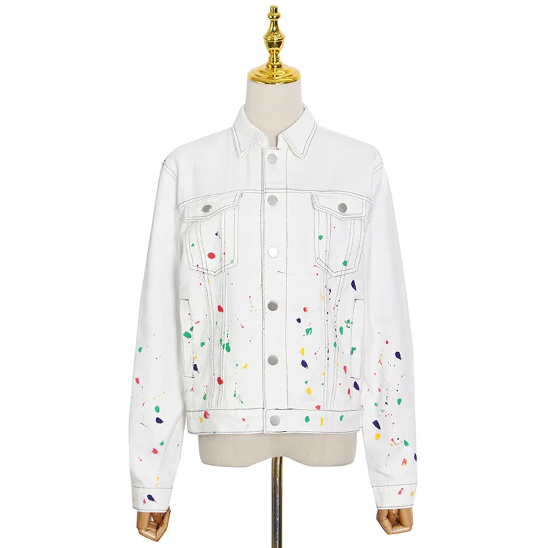 

Fashion lapel long sleeve casual splash ink printed denim jacket