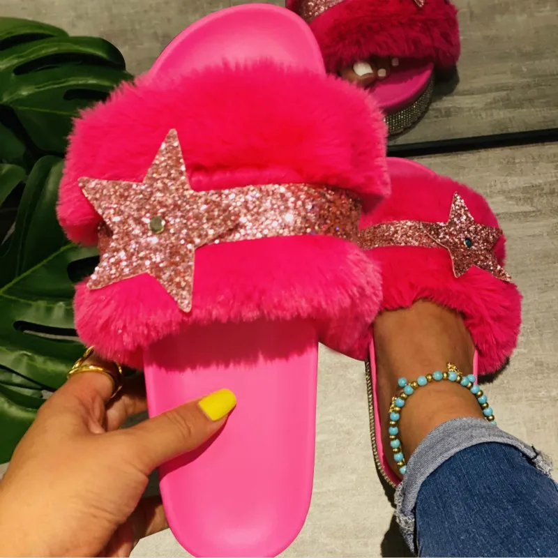 

2020 Luxury Designer Women Fur Slippers Rhinestone Bling Star Decoration Platform Wedges Indoor Furry Slides Casual Shoes