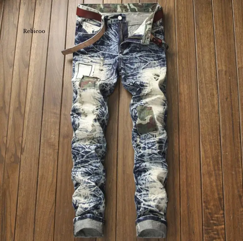 

Men's camouflage patchwork destroyed cotton denim biker jeans patches ripped slim fit pants