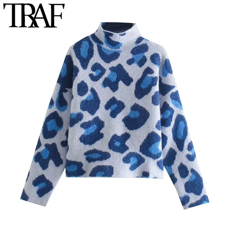 

TRAF Women Fashion Jacquard Animal Print Knit Sweater Vintage High Neck Long Sleeve Female Pullovers Chic Tops