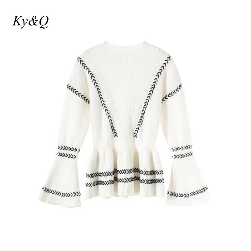 Runway Brand Designer 2019 Winter Striped Color Matching Ruffled Hem Sweater Women Flare Sleeve Luxury Christmas White Pullover | Женская