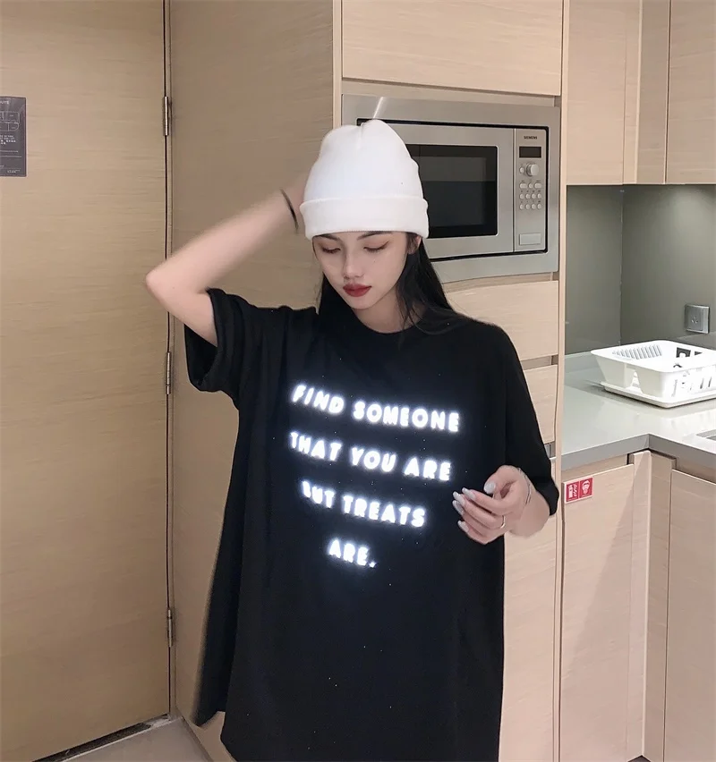 

6805 new Summer New Hong Kong Style Reflective Letter Short Sleeve T-Shirt