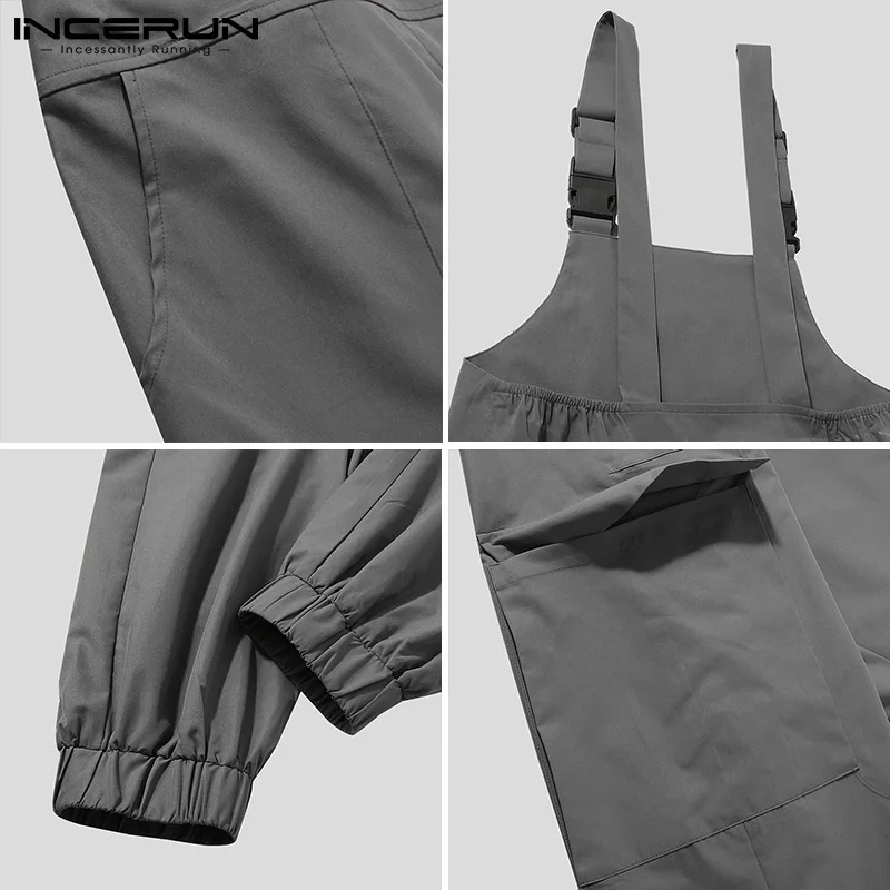 

INCERUN Men Bib Jumpsuits Streetwear Solid Color Loose Casual Susperders Rompers Men Pants Pockets Fashion Cargo Overalls S-5XL