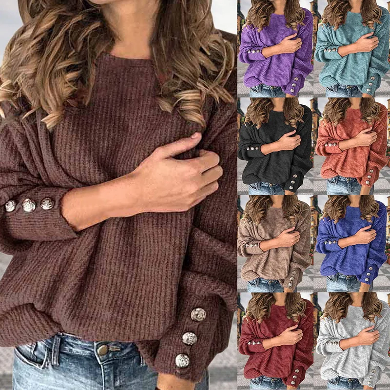 Женский осенне-зимний вязаный свитер с круглым вырезом и длинными рукавами на