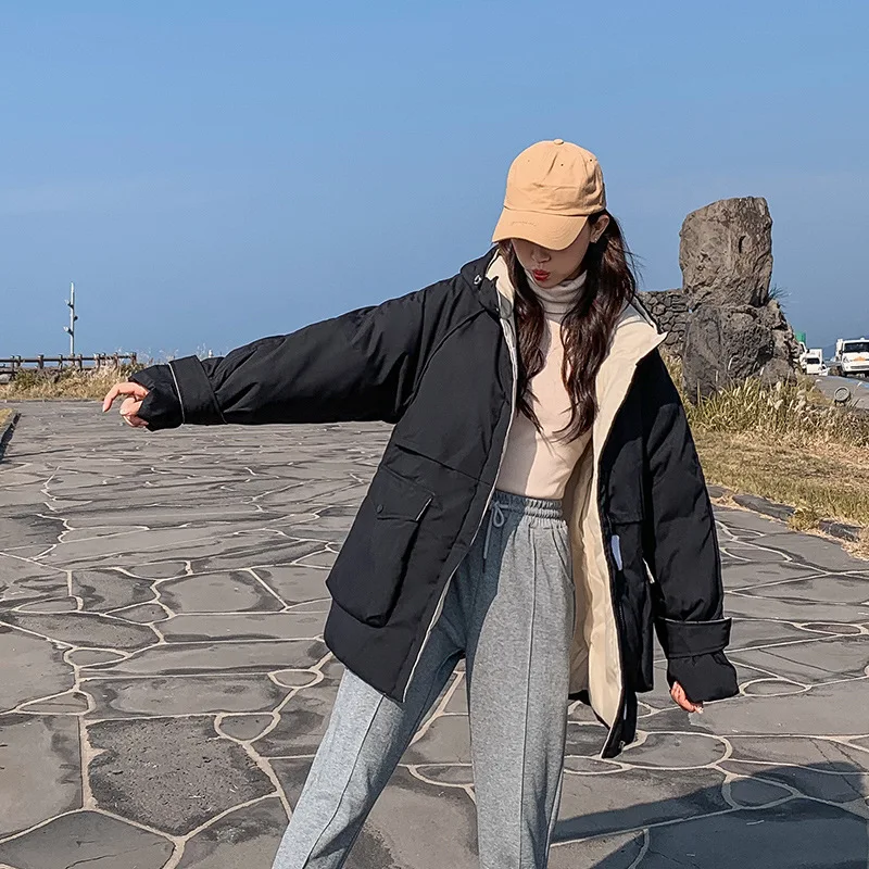 

Women's Winter 2019 New Student BF Loose Original Medium Long Plus Thick Cotton Warm Hooded Women Parkas Jacket Coat