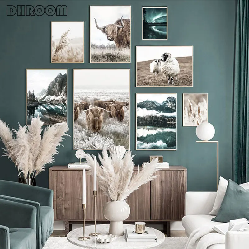 Скандинавский пейзаж холст живопись горы озеро корова овечка лампа печать