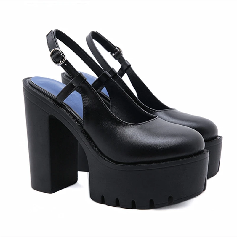 

Catwalk Women's Shoes Summer Back Strap Platform Shoes Sandals Black Leather Super High Heels Pumps Thick Heel Shoes