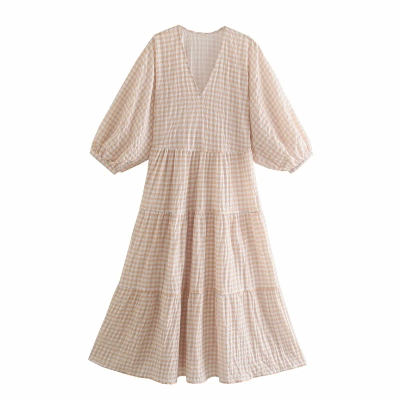 

Summer Women V Neck Batwing Sleeve Plaid Midi Dress Female Loose Clothes Casual Lady Vestido D7871