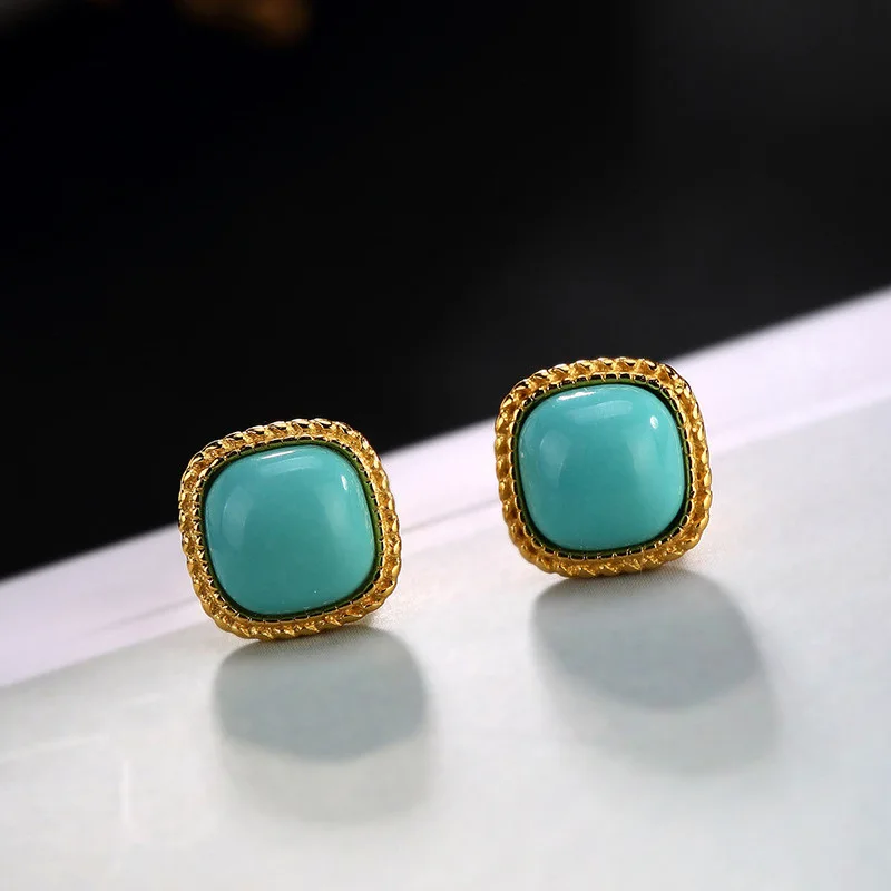 

BLACK ANGEL Prevent Allergy 24k Yellow Gold Stud Earrings For Women Imitation Blue Turquoise Vintage Ear Jewelry Christmas Gifts
