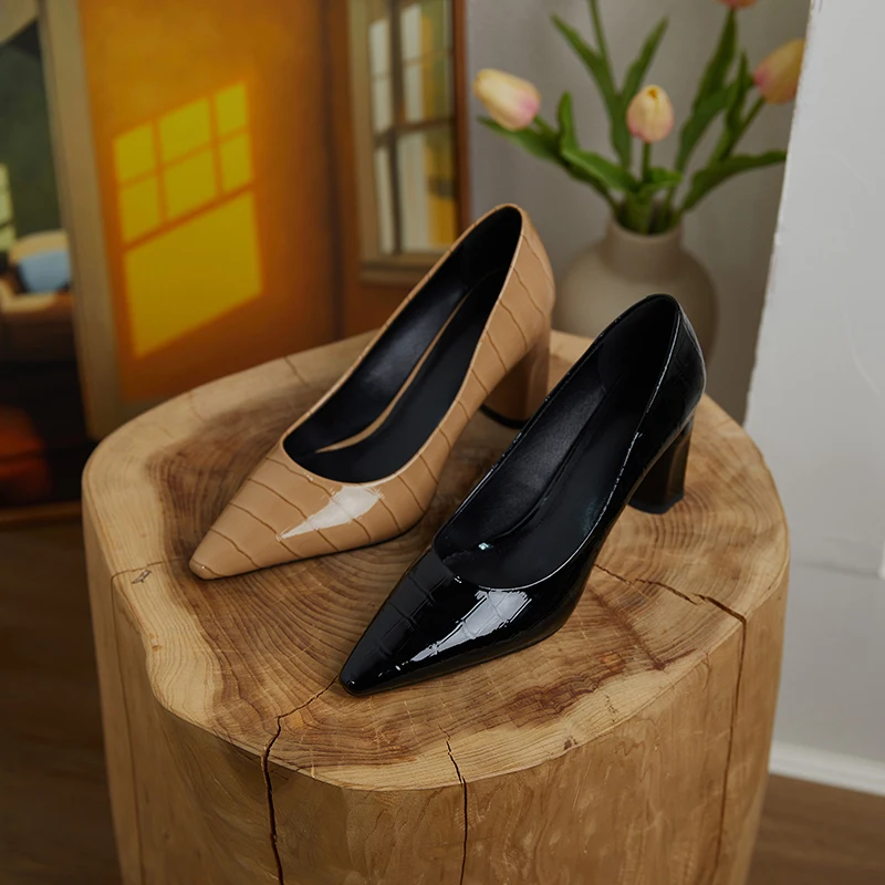 

Kanseet Women Shoes Fashion Brand Design Apricot Nude Patent Leather Square Toe Heels Fashion Shallow Heel Women's Pump shoes