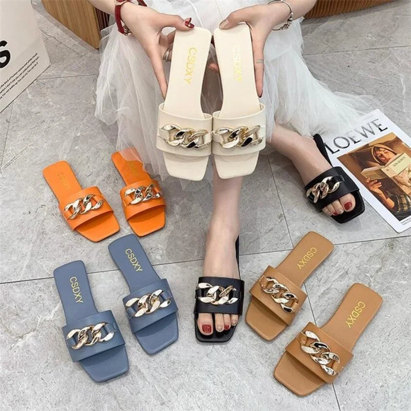

hot 2022 Women Summer Fashion Square head metal buckle Flat Sandals Casual Beach Slipper Women Flip-flops sandals EUR 35-42