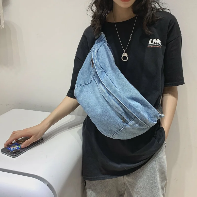

2021 New Big Bags For Women Trendy Denim Shoulder Bag Personality Chest Bag Casual Messenger Bags Women Large Capacity Waist Bag