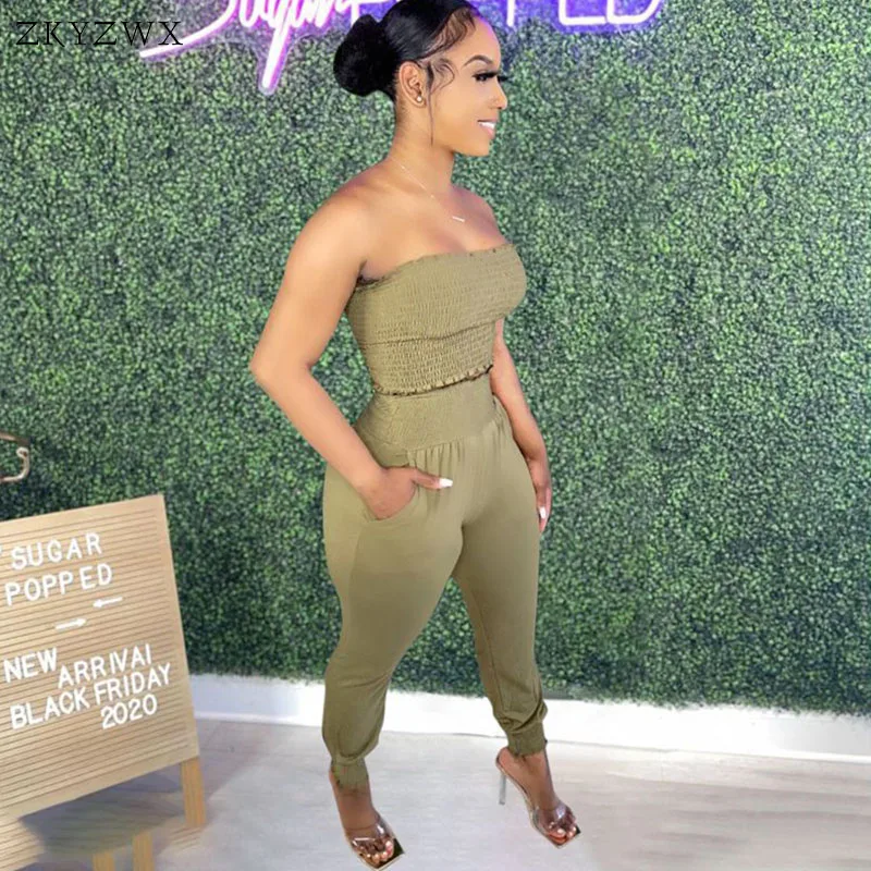 

ZKYZWX Solid Two Piece Set Trendy Pocket Summer Strapless Crop Top Casual Woman Clothes Pants Ladies Streetwear Matching Sets