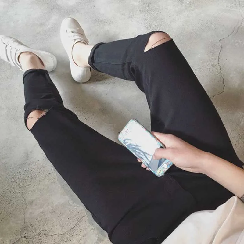 

2021 2020 Fashion Casual Korean knee hole hip hop cut hole denim cropped pants solid color loose micro-harem pencil jeans