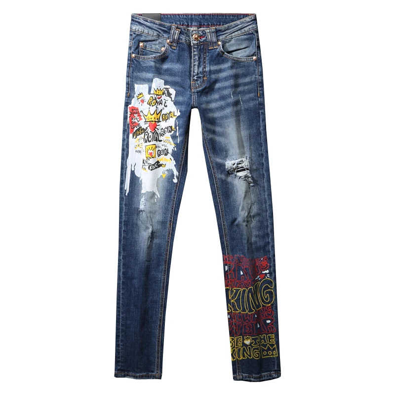 American Street Style Fashion Men Jeans Retro Blue Elastic Slim Fit Ripped Jeans Men Printed Designer Hip Hop Denim Punk Pants