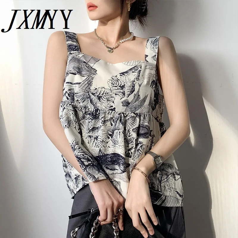 

JXMYY модная французская шифоновая Кофта женская верхняя одежда Ins модный дизайн чувственный чернильный принт Свободный Топ без рукавов на ле...