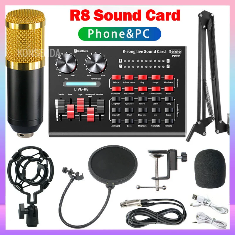 

bm 800 Microphone studio R8 Sound Card Kits bm800 Condenser Microphone for PC Computer Phone Karaoke Singing Gaming Mic Stand