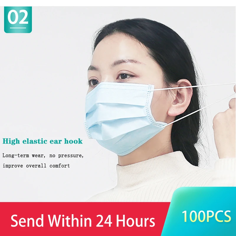 100Pcs одноразовая маска для лица нетканые 3 слоев фильтр против пыли смога дышащая