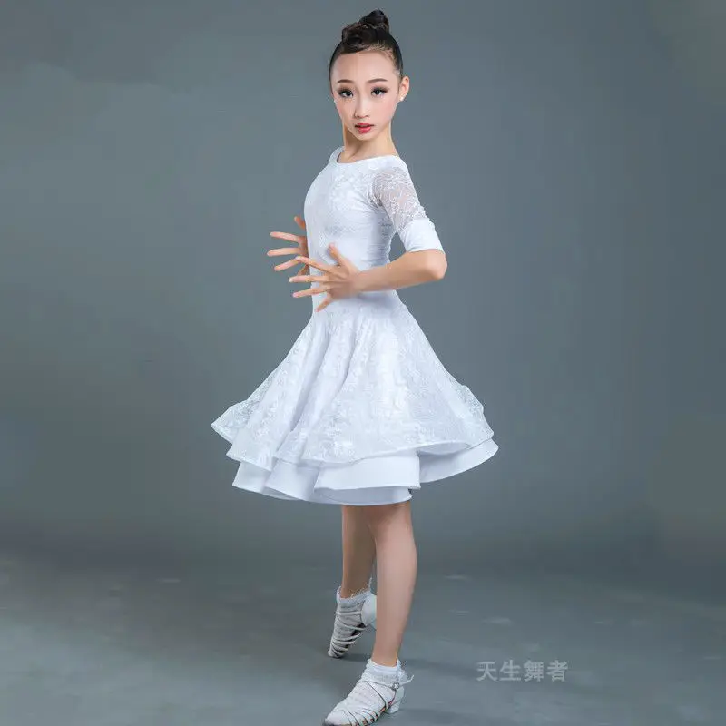 Children Latin Dance Dress Ballroom Baby Girl Tutu Lace Black White Design Stage Clothing Salsa Samba Costume 130-160CM | Тематическая