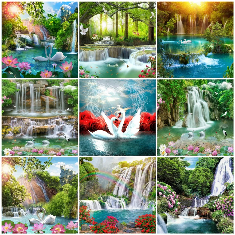 

Huacan Diy Diamond Painting Swan Waterfall Full Square/round Embroidery Mosaic Animal Natural Scenery Home Decor Wall Stickers