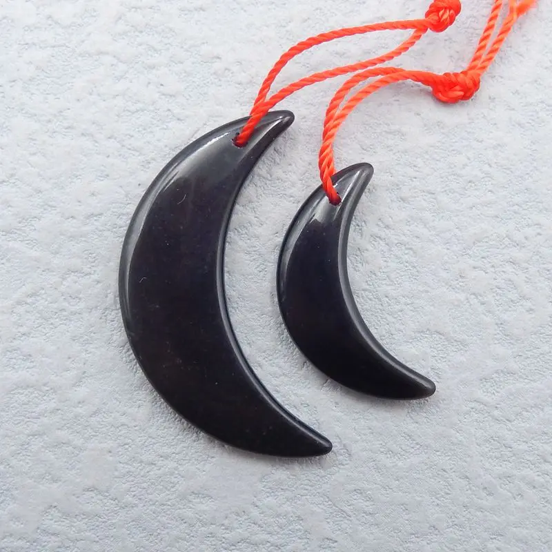 

2Pcs Natural Stone Obsidian Moon Pendent Beads 40x12x4mm,28x9x4mm,5g Semiprecious Stones Necklaces Fine Jewerly
