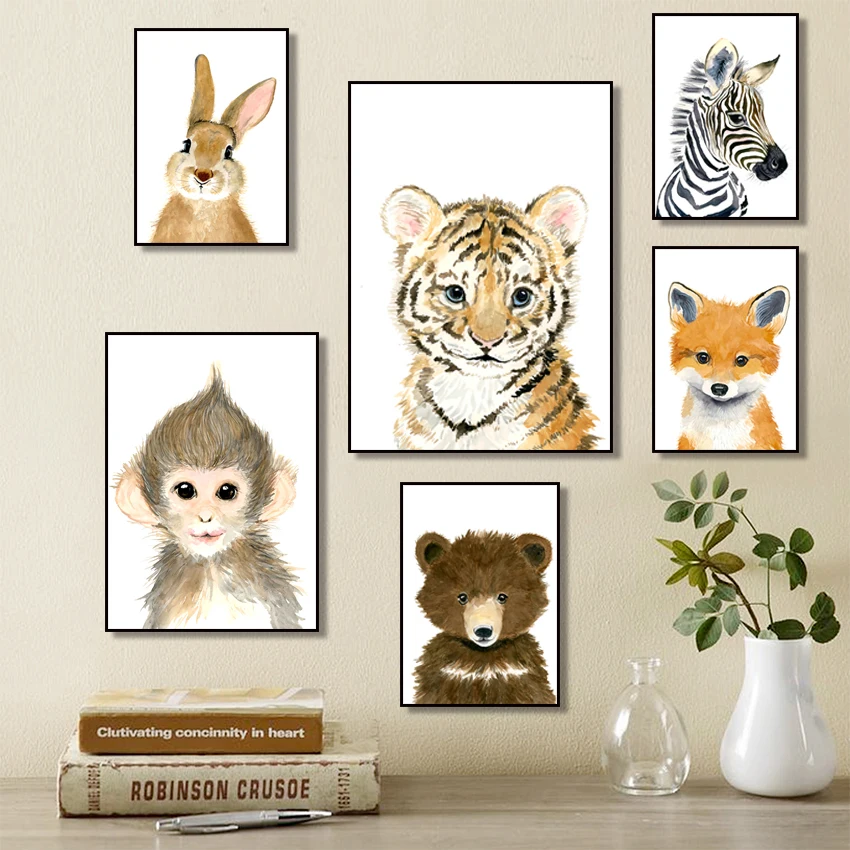 Настенная картина на холсте с изображением слона зебры лисы кролика медведя совы