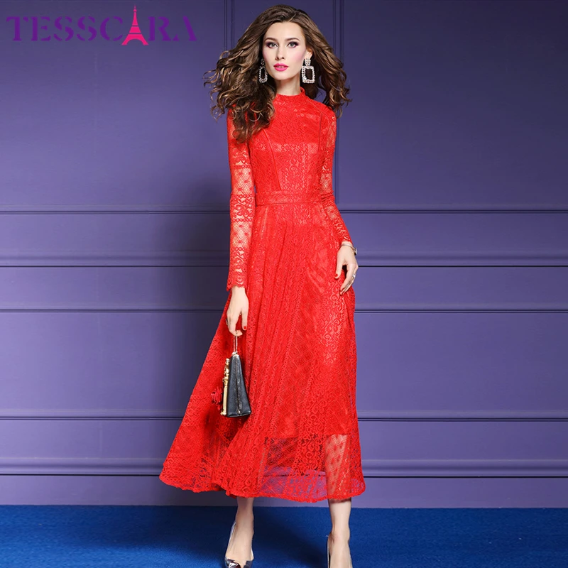 Женское длинное кружевное платье TESSCARA Осеннее винтажное дизайнерское макси