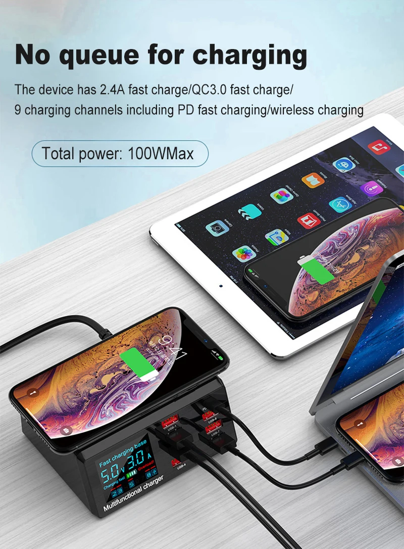 

Newest Fast Charging Multi-function Multi-port USB Digital Display Fast Charger With Wireless Charger PD 18W For Samsung Iphone