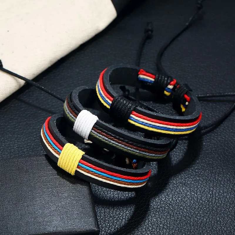 Разноцветный плетеный кожаный браслет из льняной веревки мужские и женские