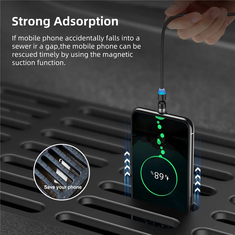 Магнитный кабель USLION Micro USB C 540 с вращением типа 3A для быстрой зарядки iPhone 11 Pro Max 8 7