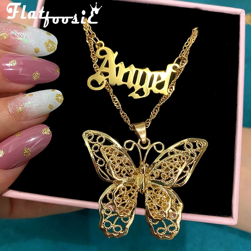 

Flatfoosie 2Pcs/Set Gold Color Butterfly Pendant Necklace for Women Fashion Angel letters Clavicle Chain Necklace Jewelry Gift