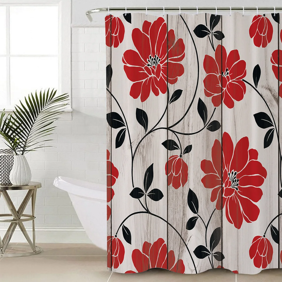 Винтажный деревянный текстурированный фон с бесшовным рисунком красных цветов