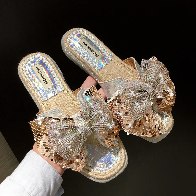 С украшением в виде кристаллов бабочки с блестками бантом шлепанцы без задника