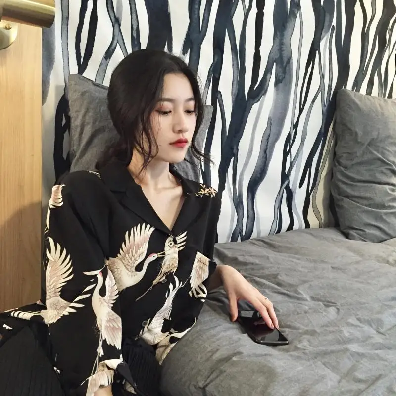 

spring fall new Korean style Women's Clothing fashion brand thin chiffon Blouses full sleeve notched print Loose casual Shirts