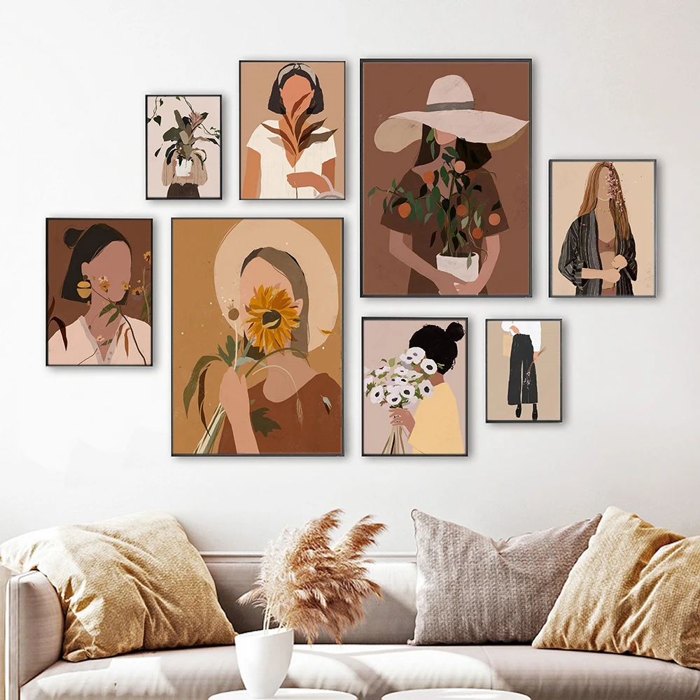 

Vintage Abstract Fashion Girl Posters Nordic Flowers Canvas Painting Wall Art Print Modern Pictures For Living Room Unique Decor