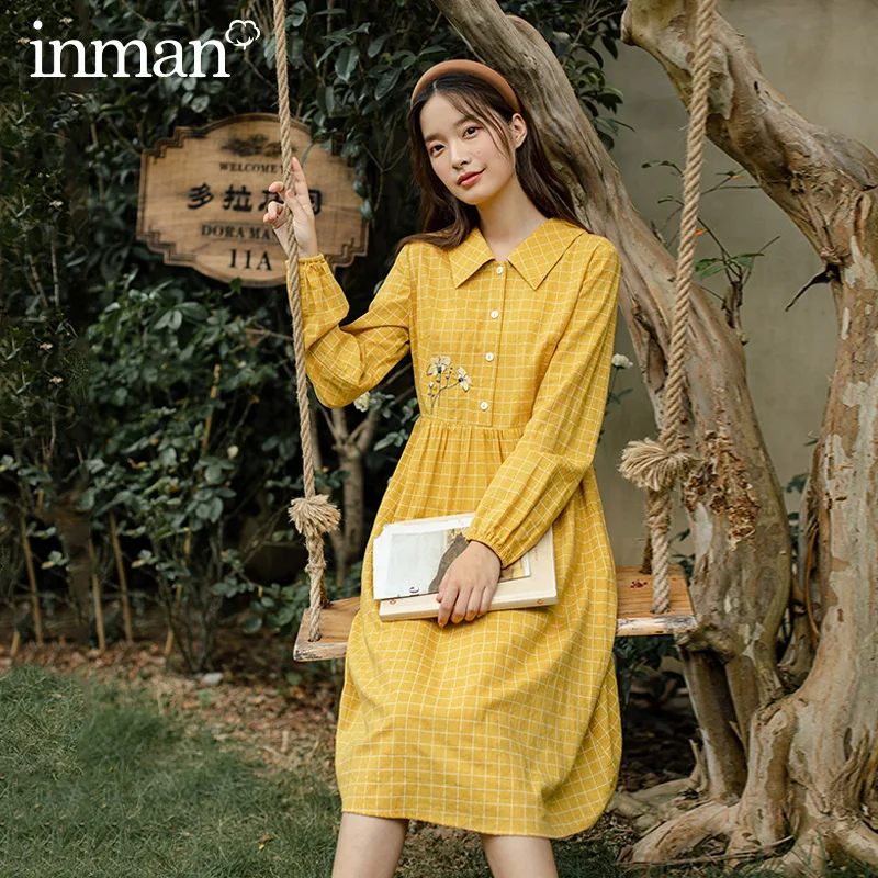 INMAN весенне-осеннее Хлопковое платье в клетку с длинными рукавами и высокой