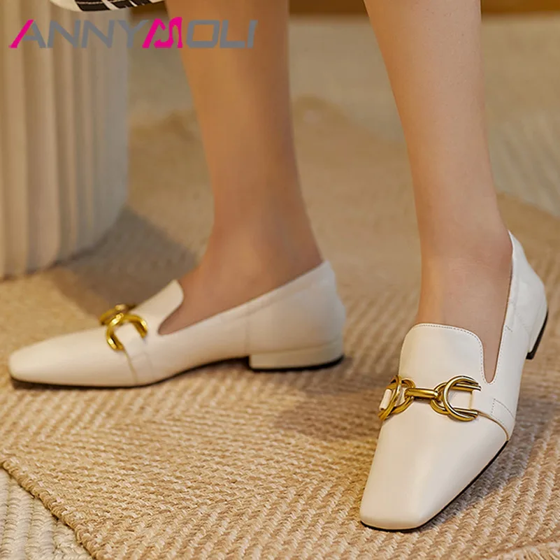

ANNYMOLI Square Toe Women Shoes Natural Genuine Leather Low Heels Metal Decoration Thick Heel Pumps Female Footwear Spring White