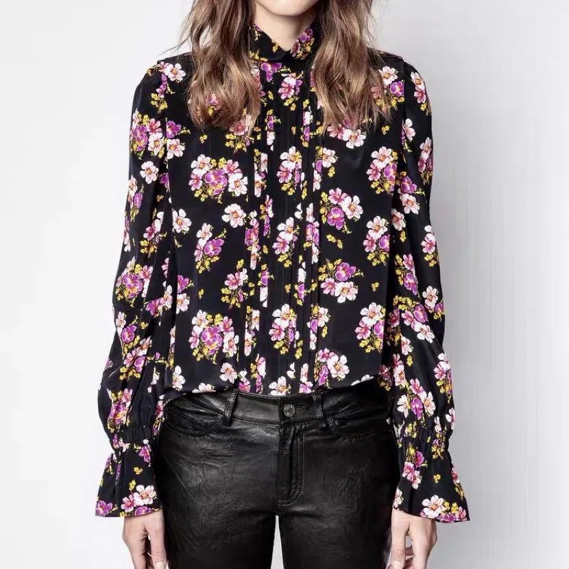 

Silk 2021 100% Spring and Autumn New Fashion Retro Romantic Camellia Print All-match Small Stand-up Collar Shirt Women