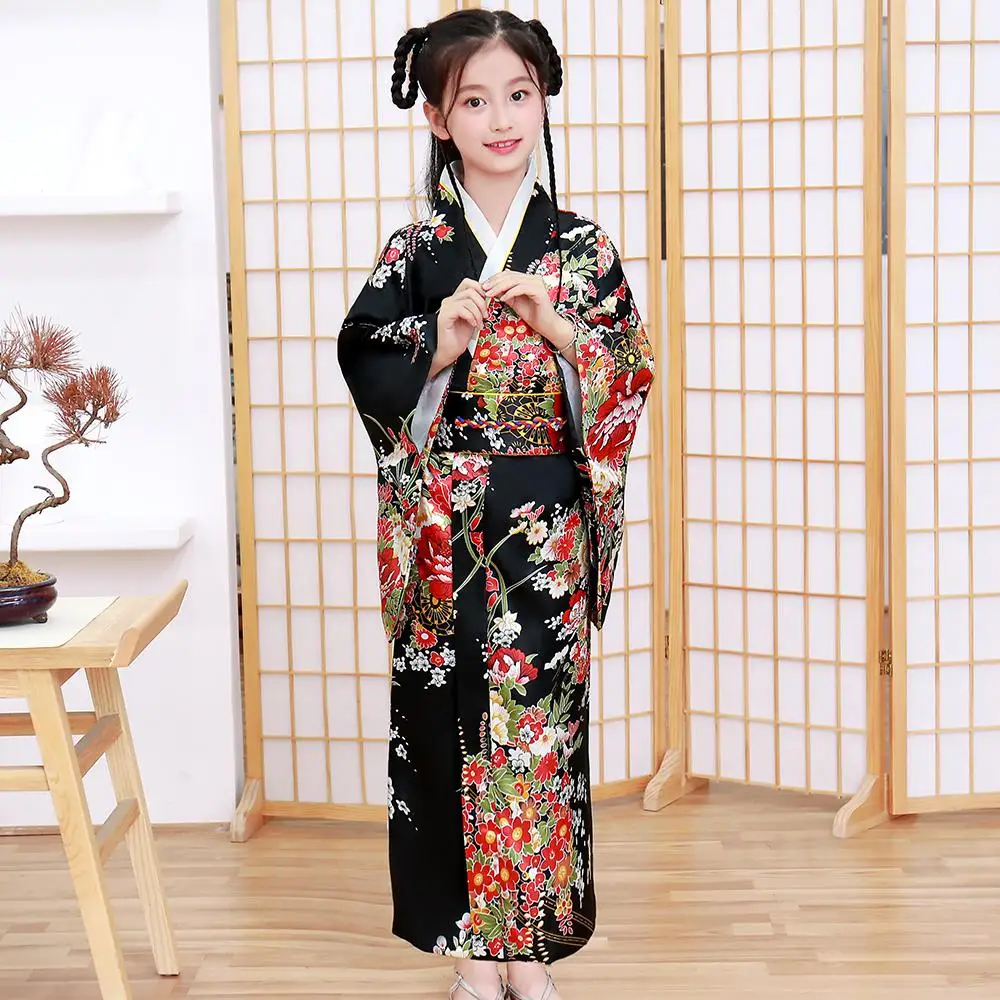 Print Flower Children Japanese Traditional Evening Party Prom Dress Performace Clothing Kimono Bathrobe Gown Full Sleeve Gown - Цвет: Black 2