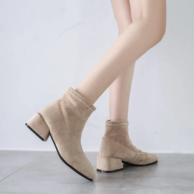

Autumn Women's Boots Korean Fashion Round Toe Square Heel Ankle Boots with Zipper High Top Martin Boots Comfortable Casual Boots