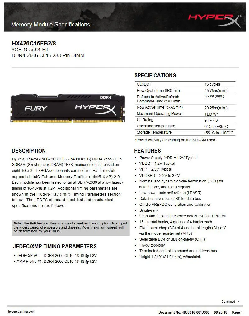 Оперативная память kingston HyperX DDR4 4G 2666mhz 8G = 2PCS X 4G CL16 1,2 V PC4-21300 288pin