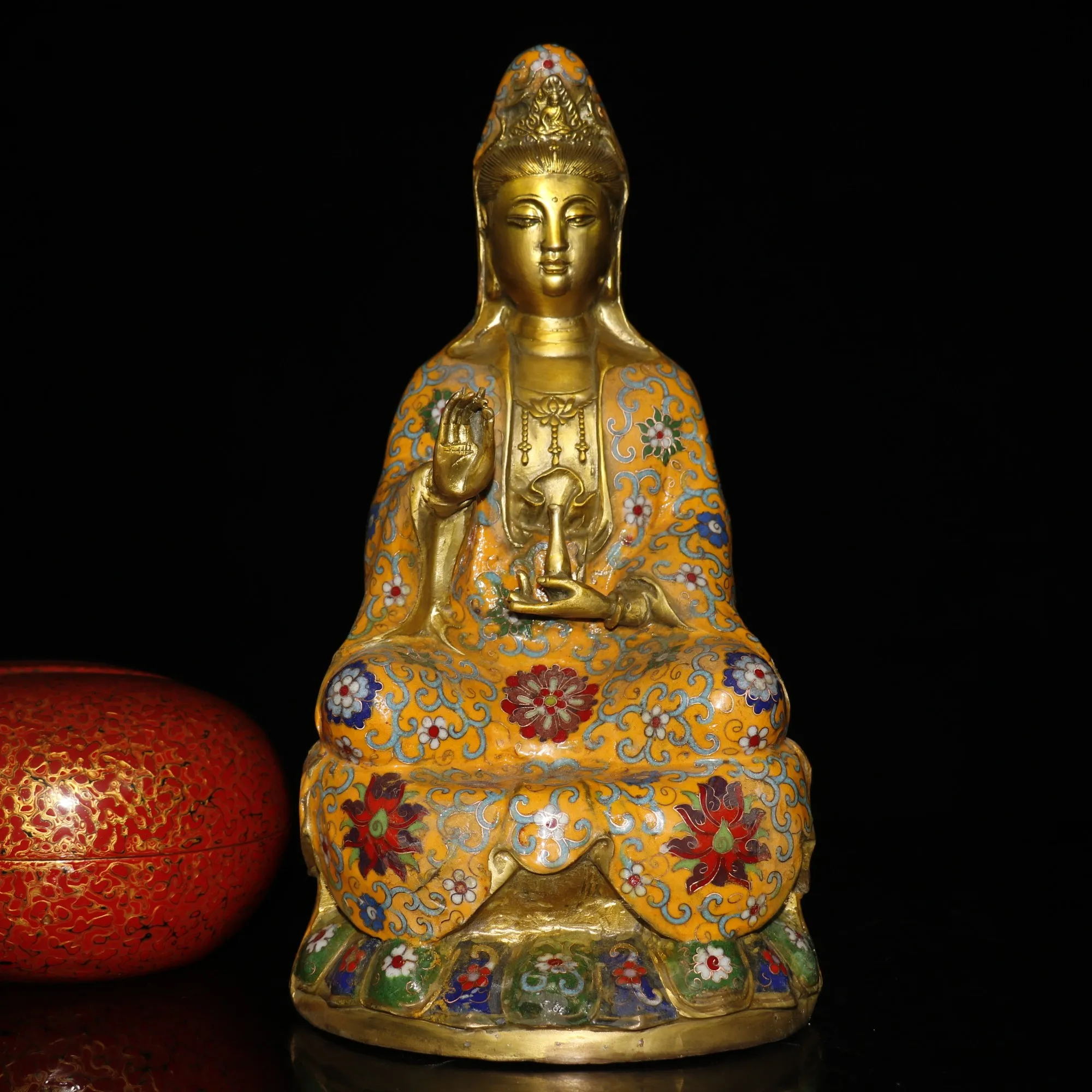 

15"Chinese temple collection Old Bronze Cloisonne Enamel Take a bottle Guanyin Bodhisattva Statue Sitting Buddha Ornaments