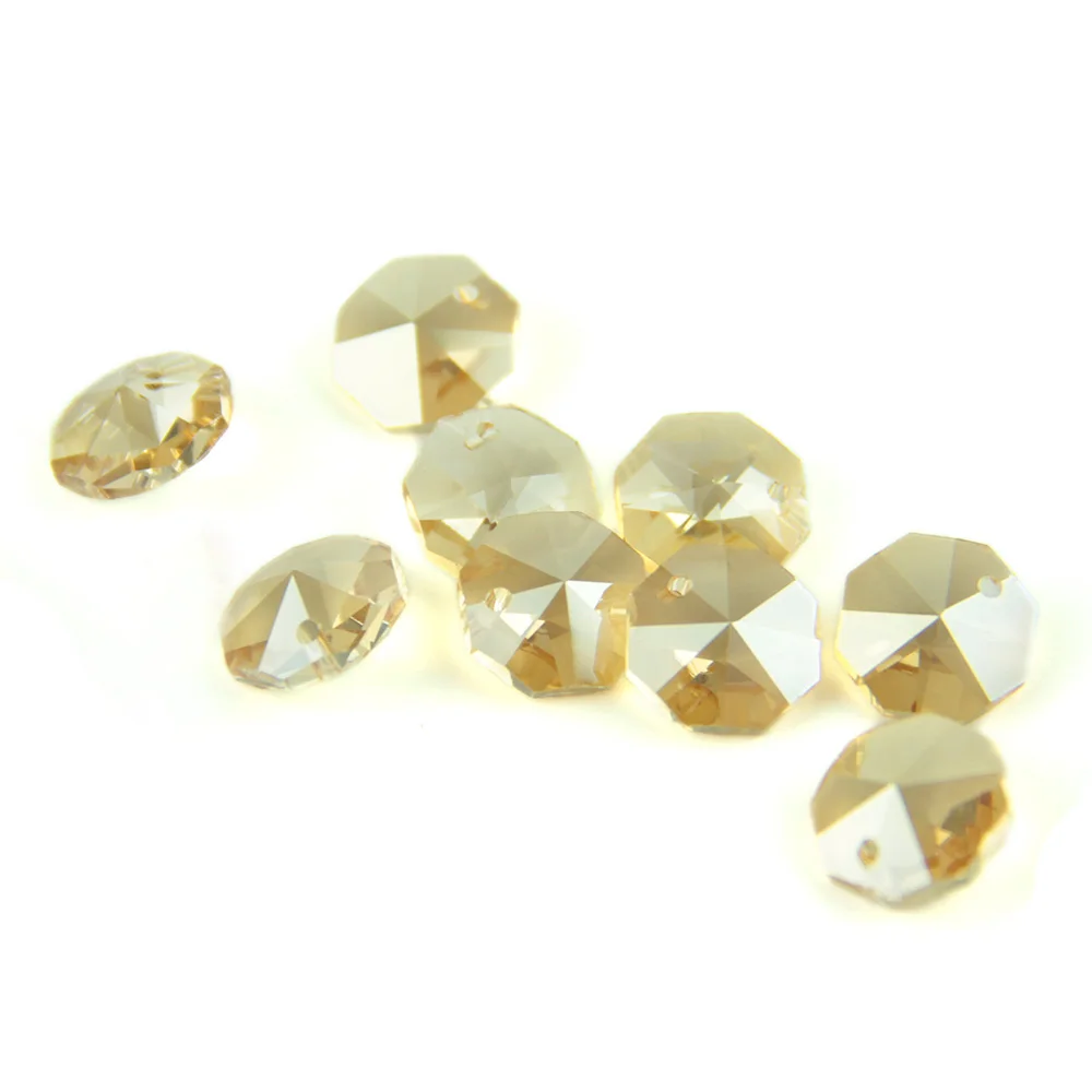 

K9 Crystal Chandelier Gold Champagne 14mm Octagon Beads In 1 Hole/2 Holes Cut&Faceted Glass Strand Garland Curtain Beads