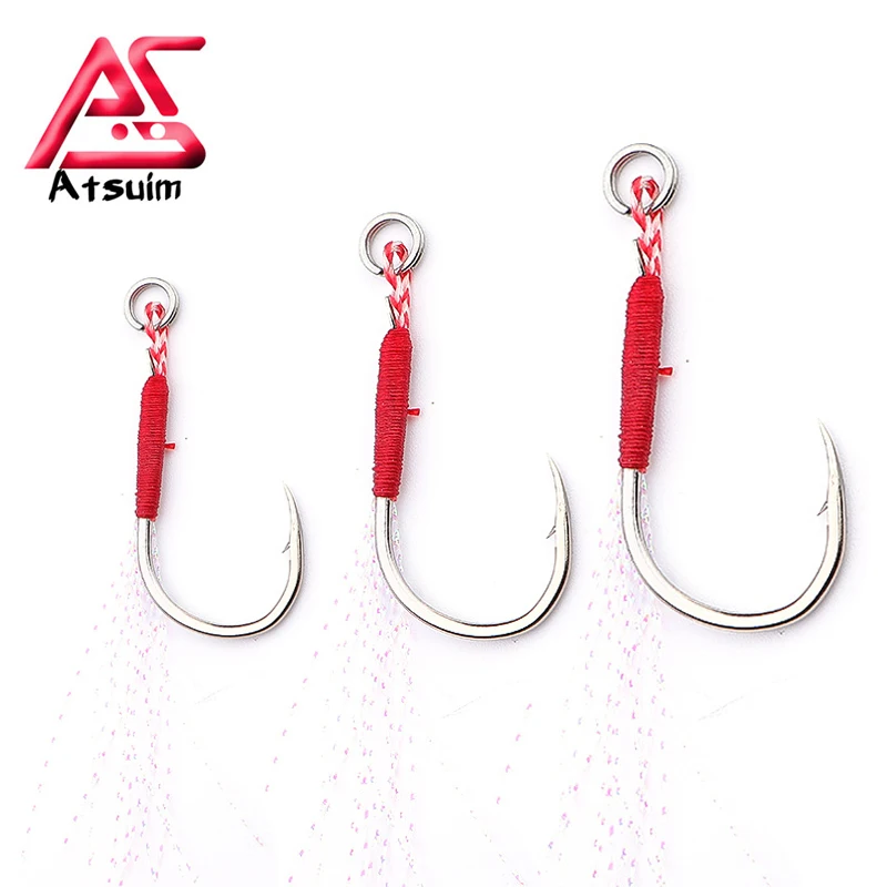 

AS 10pcs Fishing Cast Jigs Assist Hook Lure Slow Jigging Spoon Barbed Single Hooks Pesca High Carbon Steel Lure Connector Tackle