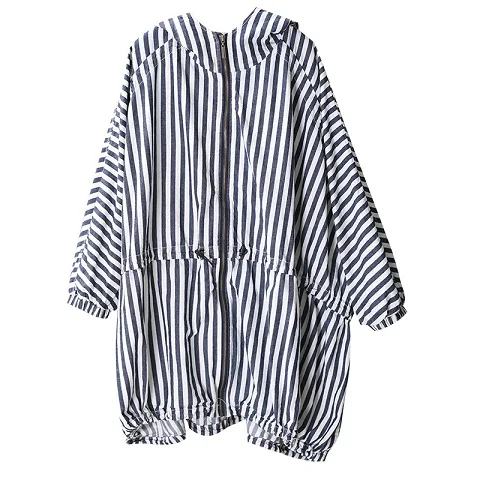 Blue striped Новинка на осень и весну в Корейском стиле, приталенная верхняя одежда, размеры литературный ретро с капюшоном рукав летучая мышь с длинным рукавом свободного кроя с завязками, плащ-Тренч - Цвет: Blue striped