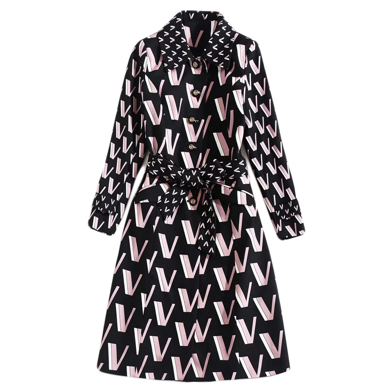 Windbreaker High Quality Autumn Winter New Women'S Fashion Party Office Vintage Elegant Letter Print Long Sleeve Midi Jacket - Цвет: Многоцветный