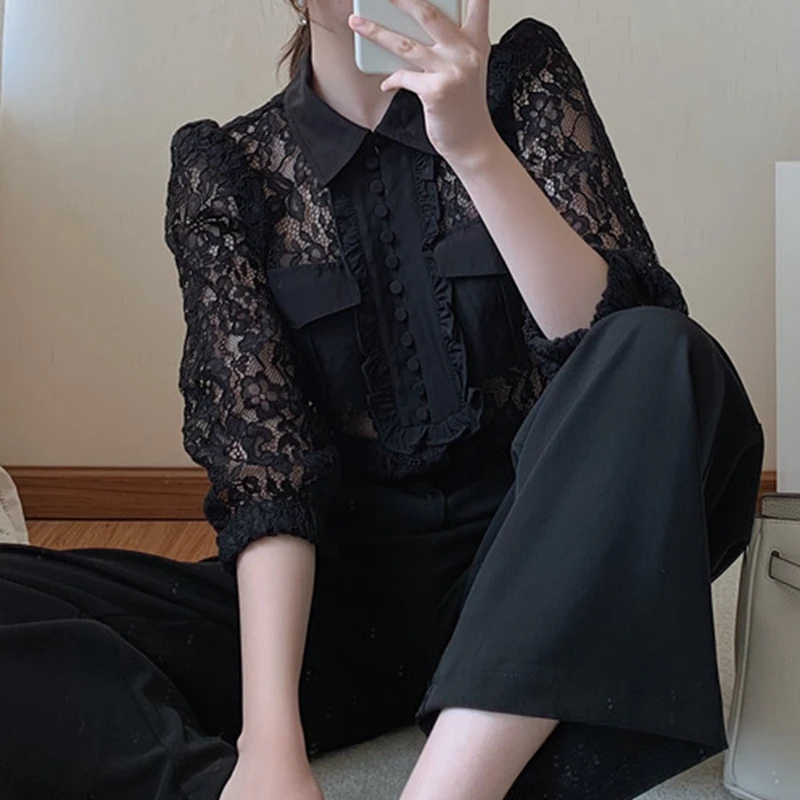 

White Black Lace Shirts Blouses for Woman 2021