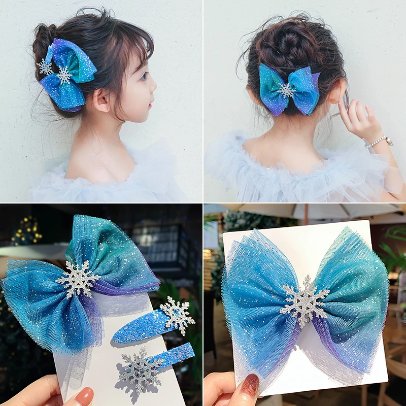 Голубая Блестящая лента с бантом для девочек заколки волос рождественскими